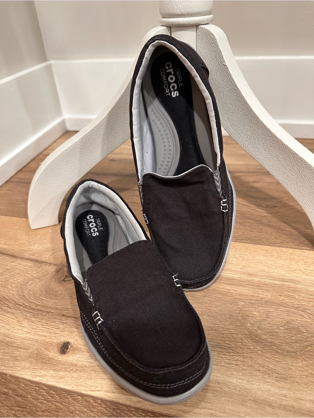 CROCS Women’s Black Canvas Slip-On Loafer with White Trim